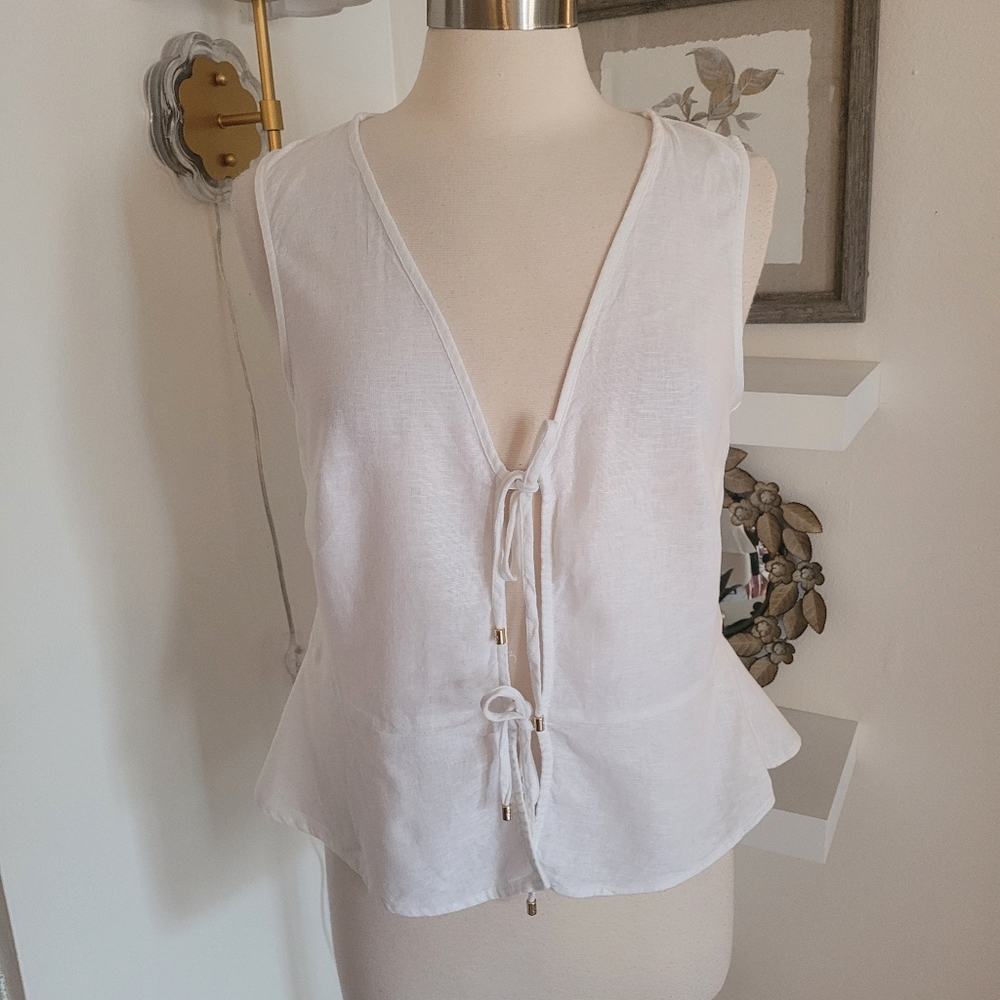 Michael Kors White Linen Blend  Sleeveless Front Tie Top Ruffle Hem Medium